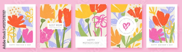 Fototapeta Happy Mother's Day. Set of spring cards with hand-drawn flowers. Collection of templates for designing festive advertising materials or greeting cards for Mother's Day. Trendy modern vector