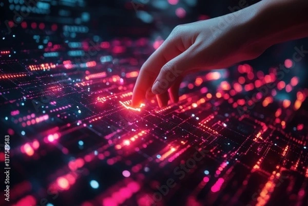 Fototapeta Fingertip interacts vibrant digital data stream