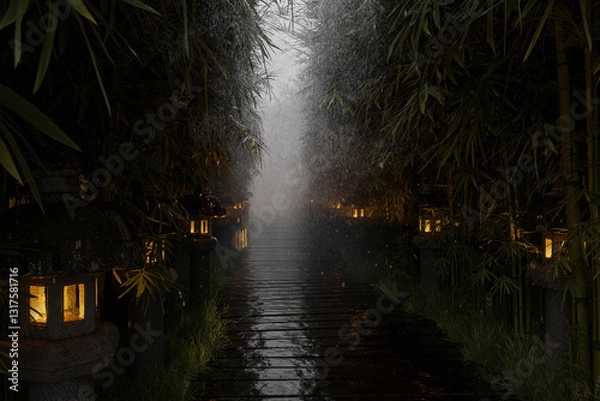 Fototapeta path with wooden boards through bamboo forest with illuminated stone lantern in a rainy day. 3D Rendering