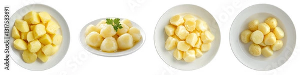 Obraz White plate of peeled boiled potato isolated on transparent background. PNG, Set of