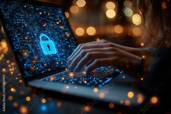 Obraz Secure online activity, glowing laptop, digital lock.