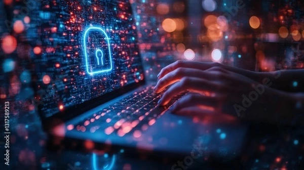 Obraz Cybersecurity expert types, digital lock glows.