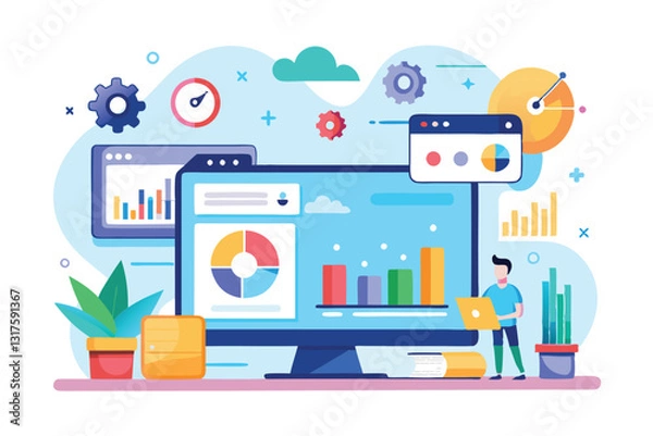 Fototapeta A digital workspace featuring a large monitor displaying colorful graphs and charts, showcasing site statistics, Site stats Customizable Flat Illustration