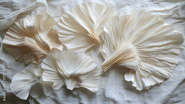 Fototapeta Elegant paper flowers arranged on fabric, flat lay, minimalist design, ideal for website banners or greeting cards