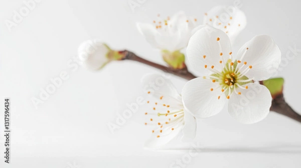 Obraz Close-up of delicate white cherry blossoms with yellow stamens on a thin branch, set against a smooth white background, creating a serene and minimalist composition.