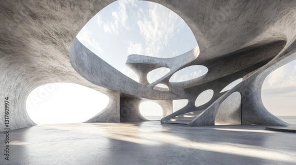 Fototapeta Abstract architectural interior featuring fluid shapes and large openings, with a serene ocean view in the background