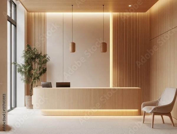Fototapeta An interior design shows a modern reception desk and space