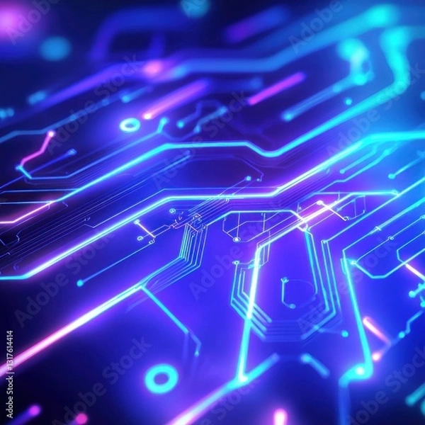 Fototapeta Neon circuit board pattern glows with purple and blue