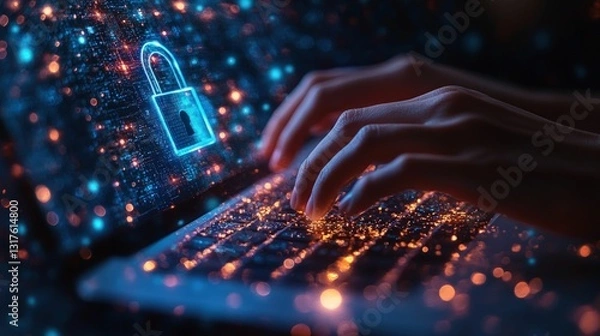 Fototapeta Hands typing, digital lock glowing on screen.