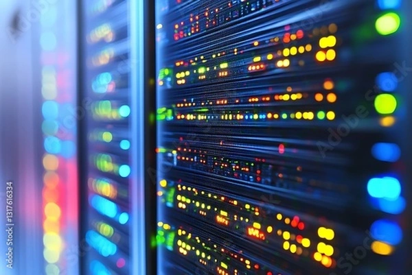 Obraz Data server racks with many lights are illuminated in a room