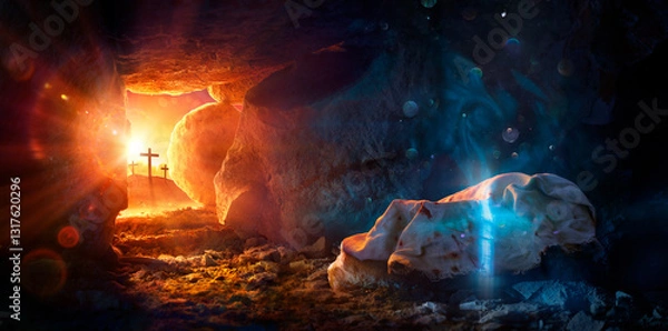Fototapeta Resurrection - Empty Tomb With Body Of Jesus Dissolves In Holy Spirit In Light Of Cross - Christian Miracle - Abstract Magic Light Effects On Shroud