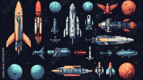 Fototapeta Colorful pixel art showcasing various rocket designs and space vehicles against a starry background