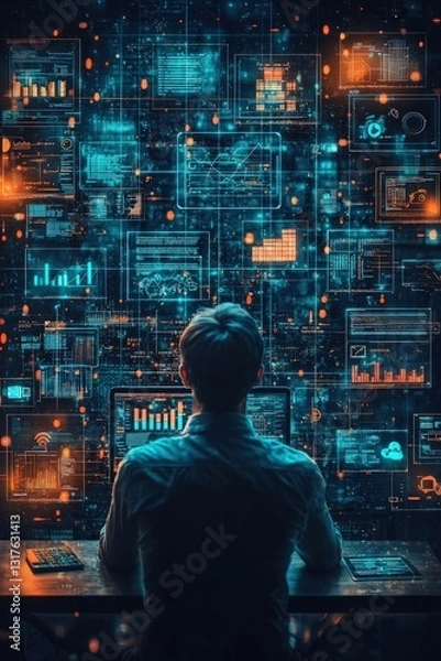 Obraz Person analyzing data streams on multiple screens