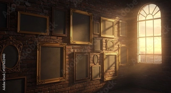 Obraz Framed Art on Brick Wall Near Window with Sunlight Streaming in