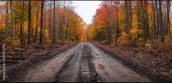 Fototapeta Muddy Autumn Road Through Colorful Forest Landscape Scene in Nature