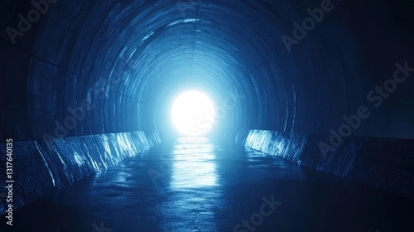 Fototapeta A dark tunnel leading to a bright light at the end, symbolizing hope and new beginnings in an urban setting