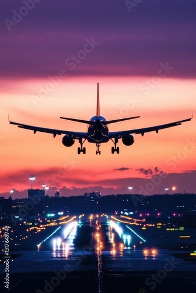 Fototapeta Jet plane landing at an airport at dusk