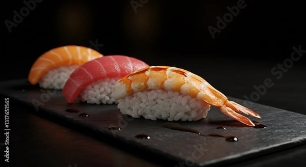 Obraz Sushi Nigiri with Salmon, Tuna, and Shrimp on Slate Plate