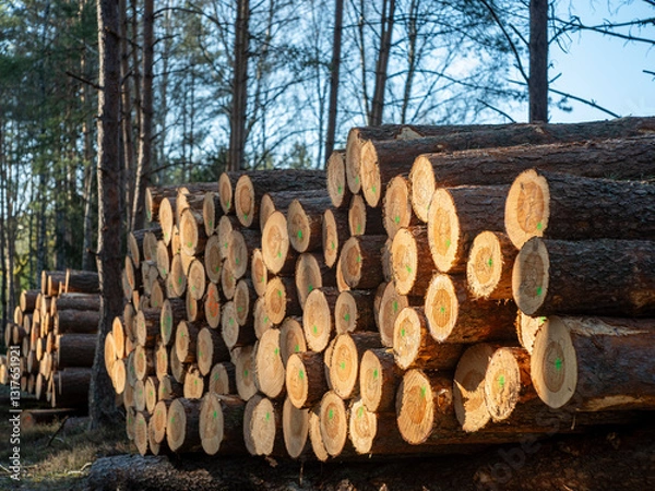 Obraz Logs of wood stacked in a pile cut in a coniferous forest. Spring season.