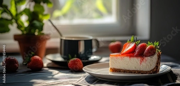 Fototapeta Slice of creamy cheesecake with strawberry topping on a white plate