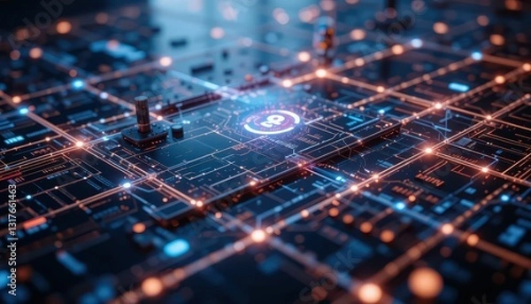 Fototapeta Digital Network Grid with Laser Effects and Futuristic Elements