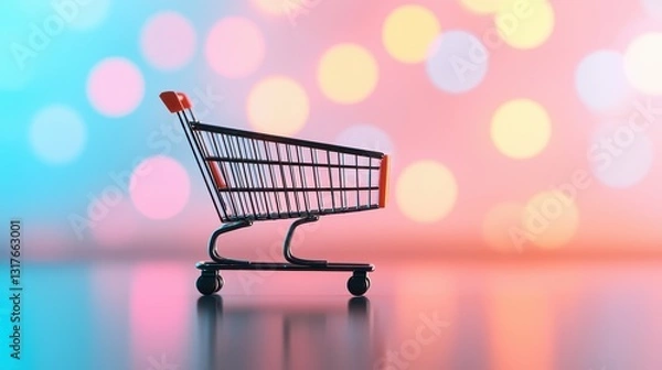 Fototapeta A shopping cart is placed against a colorful bokeh background, creating a vibrant and dynamic visual effect.