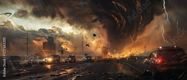 Fototapeta A hyper-realistic scene of a massive tornado striking a busy highway, causing chaos and destruction. A cinematic depiction of extreme weather and disaster.