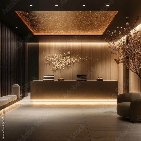 Fototapeta A modern lobby reception desk with luxurious lighting and decor
