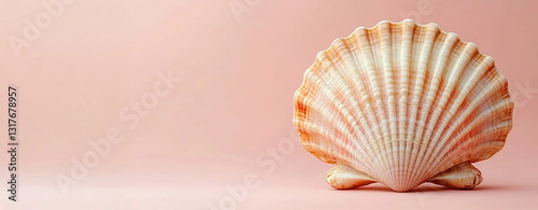 Fototapeta Seashell on soft pink background. Beach and ocean concept. Natural coastal decor element.