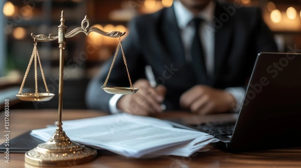 Fototapeta Legal professional working at desk with scales of justice and documents