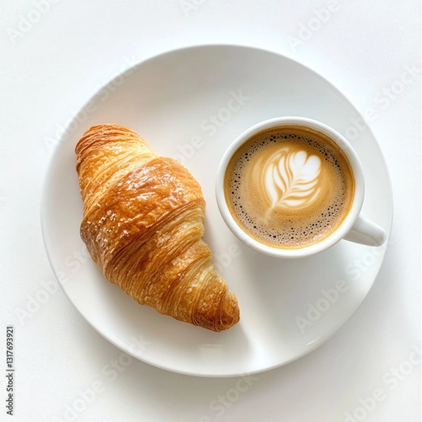 Obraz A croissant and a cup of coffee with latte art on a white plate, top view close up shot