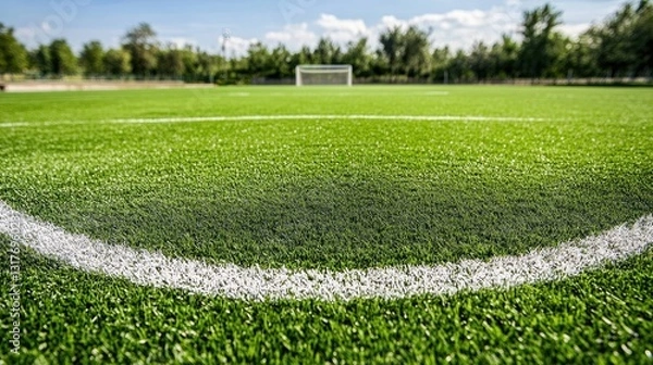 Fototapeta Close-up view of a vibrant green soccer field with a painted goal area and a clear blue sky in the background