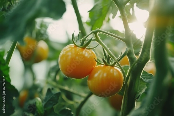 Fototapeta Yellow tomatoes growing on vine in greenhouse with sunlight