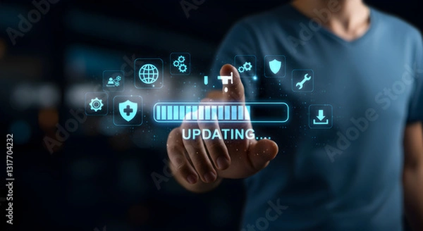 Obraz Interface update process, with a finger activating digital progress indicators
