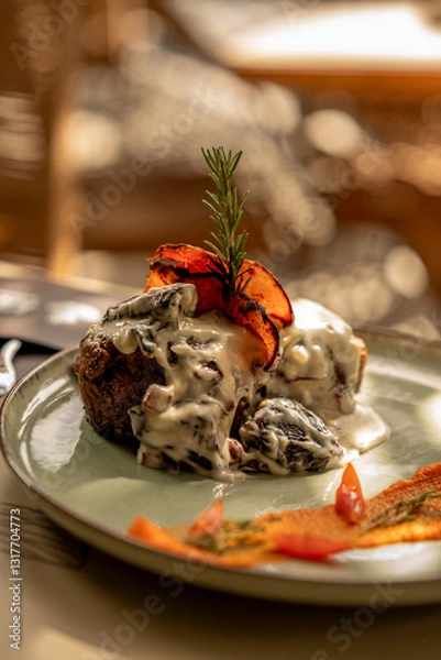 Obraz Juicy beef rib eye steak with mushroom sauce and tender vegetables on a table in an elegant restaurant.