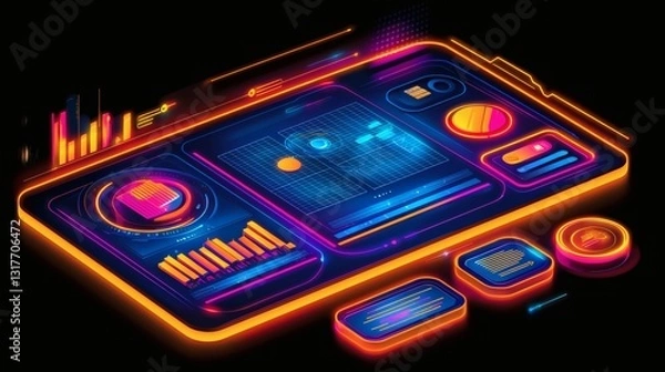 Fototapeta futuristic digital interface on a smartphone or tablet, with glowing neon lights