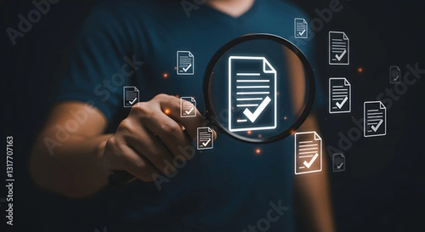 Fototapeta Document verification under scrutiny: a person reviewing a document with a magnifying glass