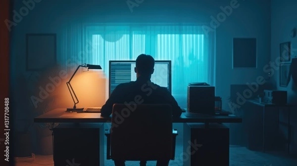 Fototapeta A silhouette of a person working late at a desk with a computer, illuminated by warm and cool light in a dim room