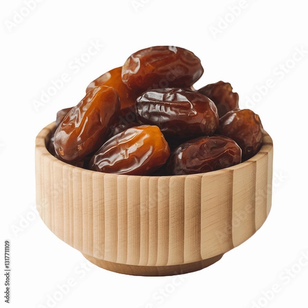 Fototapeta Image is a high-resolution, close-up photograph of a wooden bowl filled with dates. The bowl is made of light-colored wood with a smooth finish and a simple, rounded shape. 