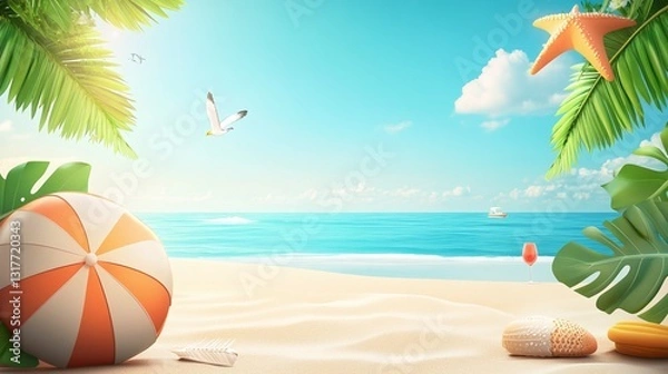 Obraz tropical beach with palm trees, illustration of summer holiday template for promotion and advertisement