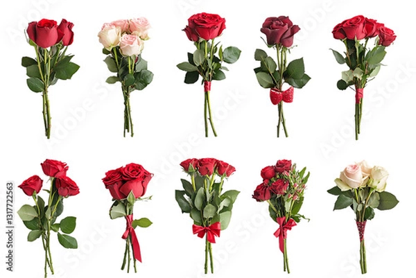 Fototapeta Ten bouquets of roses in various shades of red, pink, and white are arranged against a Transparent Background, PNG