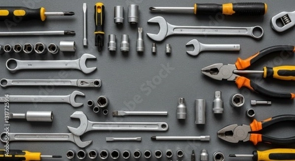 Obraz Neatly Arranged Auto Mechanic Tools on Grey Table