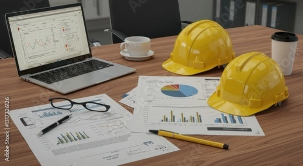 Obraz Realistic Office Environment with Laptop, Hard Hat, and Documents