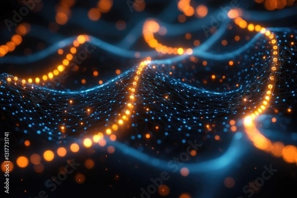 Obraz Abstract digital art, glowing particles in swirling patterns, vibrant orange and blue lights on dark background,  complex wave forms,  dynamic energy,  technological feel,  futuristic style