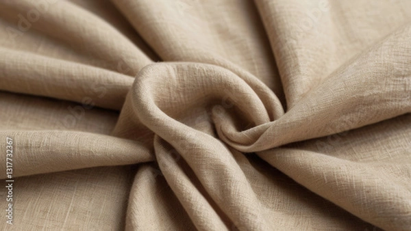 Fototapeta  Close-up of beige linen fabric with delicate folds showing soft natural texture, detailed weave pattern, organic look, for use as textile backdrop in interior design, fashion or minimalist aesthetics