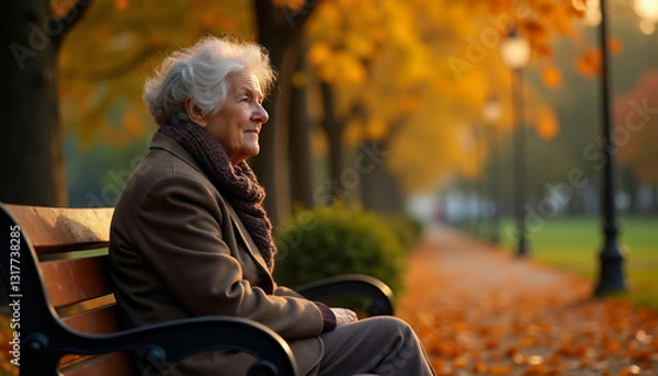 Obraz Elderly woman on bench in autumn park. AI image