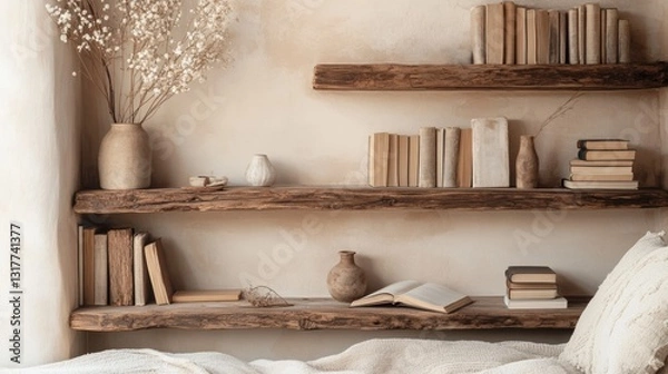 Fototapeta A cozy corner with a rustic wooden shelf, filled with books, vases, and decorative items.