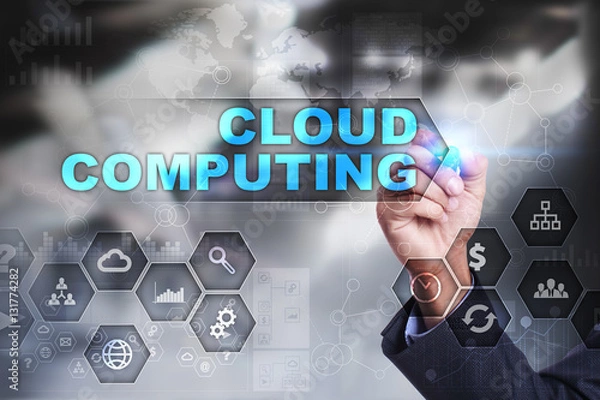 Fototapeta Businessman is drawing on virtual screen. cloud computing concept.