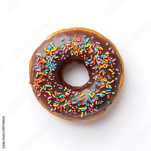 Obraz A delicious chocolate glazed donut with colorful sprinkles on a white background view