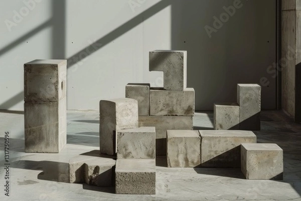 Fototapeta Brutalist concrete alphabet blocks in architectural arrangement with harsh shadows and industrial aesthetic decorative elements.